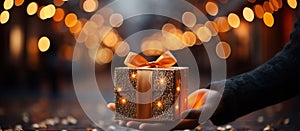 Illustration of a gift box in hand with a Christmas background, AI Generated