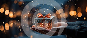 Illustration of a gift box in hand with a Christmas background, AI Generated