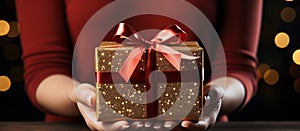 Illustration of a gift box in hand with a Christmas background, AI Generated