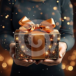 Illustration of a gift box in hand with a Christmas background, AI Generated