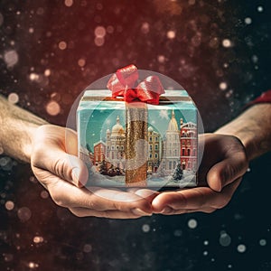 Illustration of a gift box in hand with a Christmas background, AI Generated