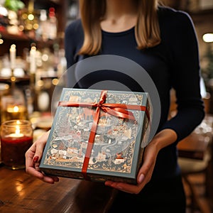 Illustration of a gift box in hand with a Christmas background, AI Generated