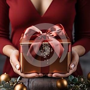 Illustration of a gift box in hand with a Christmas background, AI Generated