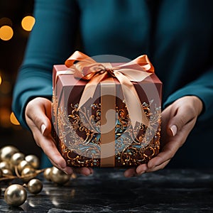 Illustration of a gift box in hand with a Christmas background, AI Generated