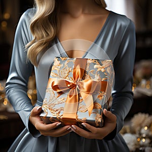 Illustration of a gift box in hand with a Christmas background, AI Generated