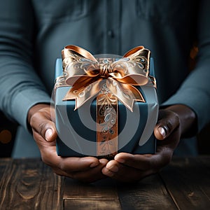 Illustration of a gift box in hand with a Christmas background, AI Generated