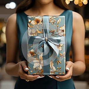 Illustration of a gift box in hand with a Christmas background, AI Generated