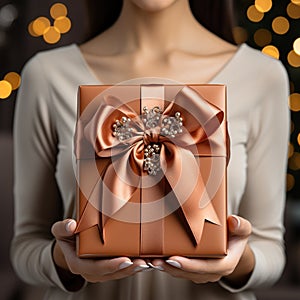 Illustration of a gift box in hand with a Christmas background, AI Generated