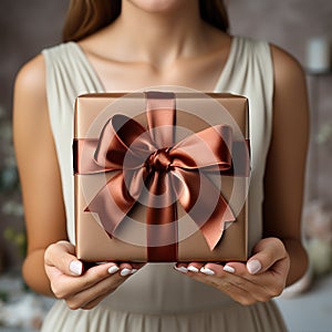 Illustration of a gift box in hand with a Christmas background, AI Generated