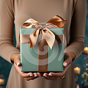 Illustration of a gift box in hand with a Christmas background, AI Generated