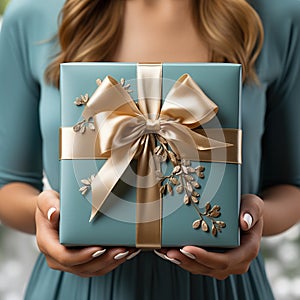 Illustration of a gift box in hand with a Christmas background, AI Generated