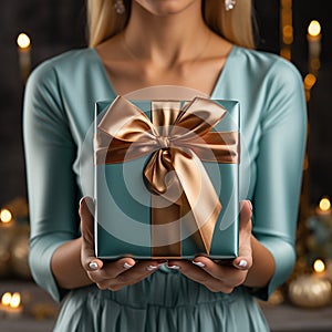 Illustration of a gift box in hand with a Christmas background, AI Generated