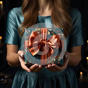 Illustration of a gift box in hand with a Christmas background, AI Generated