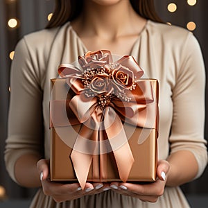 Illustration of a gift box in hand with a Christmas background, AI Generated