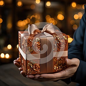 Illustration of a gift box in hand with a Christmas background, AI Generated