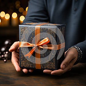 Illustration of a gift box in hand with a Christmas background, AI Generated