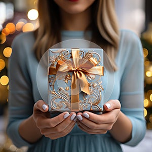 Illustration of a gift box in hand with a Christmas background, AI Generated