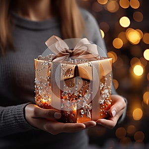 Illustration of a gift box in hand with a Christmas background, AI Generated