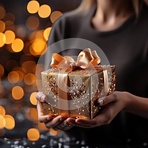 Illustration of a gift box in hand with a Christmas background, AI Generated