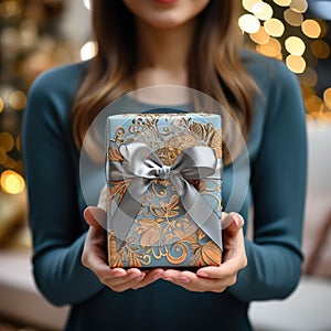 Illustration of a gift box in hand with a Christmas background, AI Generated