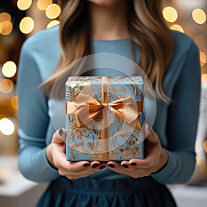 Illustration of a gift box in hand with a Christmas background, AI Generated