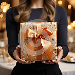 Illustration of a gift box in hand with a Christmas background, AI Generated