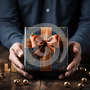 Illustration of a gift box in hand with a Christmas background, AI Generated