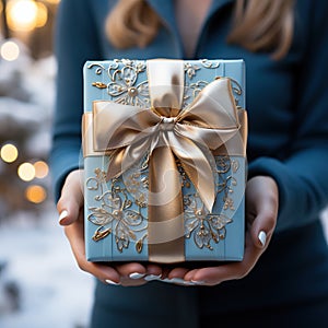 Illustration of a gift box in hand with a Christmas background, AI Generated