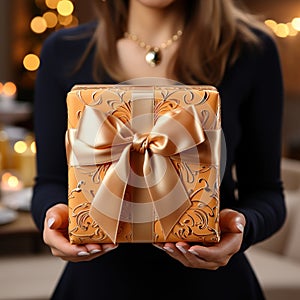 Illustration of a gift box in hand with a Christmas background, AI Generated