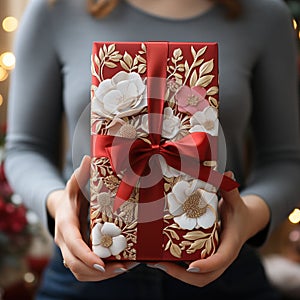 Illustration of a gift box in hand with a Christmas background, AI Generated