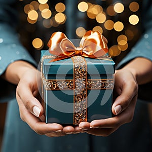 Illustration of a gift box in hand with a Christmas background, AI Generated