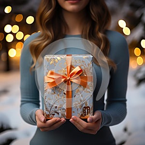 Illustration of a gift box in hand with a Christmas background, AI Generated