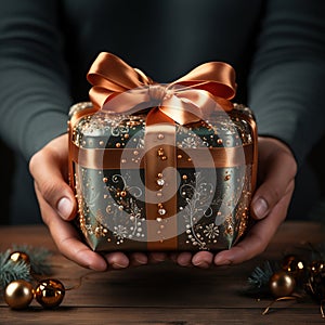 Illustration of a gift box in hand with a Christmas background, AI Generated