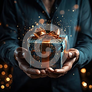 Illustration of a gift box in hand with a Christmas background, AI Generated