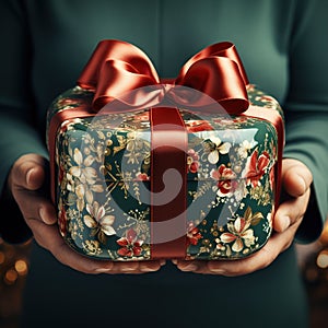 Illustration of a gift box in hand with a Christmas background, AI Generated