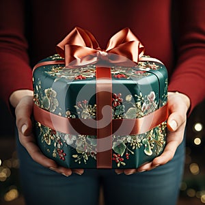 Illustration of a gift box in hand with a Christmas background, AI Generated