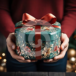 Illustration of a gift box in hand with a Christmas background, AI Generated