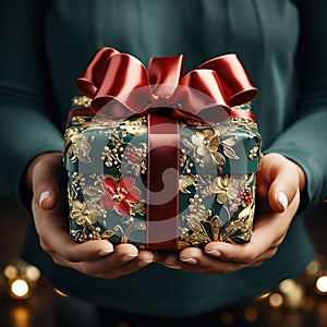 Illustration of a gift box in hand with a Christmas background, AI Generated