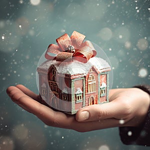 Illustration of a gift box in hand with a Christmas background, AI Generated