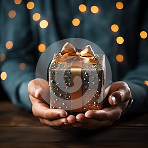 Illustration of a gift box in hand with a Christmas background, AI Generated