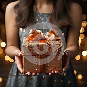 Illustration of a gift box in hand with a Christmas background, AI Generated