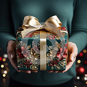 Illustration of a gift box in hand with a Christmas background, AI Generated