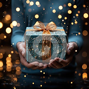 Illustration of a gift box in hand with a Christmas background, AI Generated