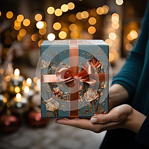 Illustration of a gift box in hand with a Christmas background, AI Generated