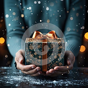 Illustration of a gift box in hand with a Christmas background, AI Generated