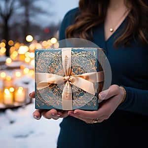 Illustration of a gift box in hand with a Christmas background, AI Generated