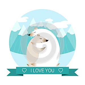 Card with two polars bear hugging each other. Cute illustration. Vector art.