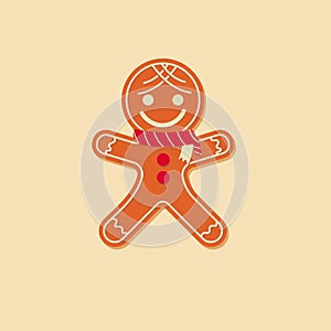 Illustration of a gingerbread man in white glaze on a beige background.