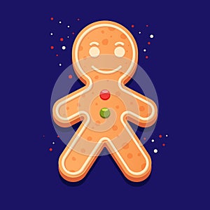 Illustration of a gingerbread man in white glaze on a dark blue background.