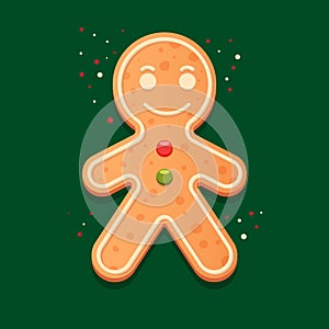 Illustration of a gingerbread man in white glaze on a green background.